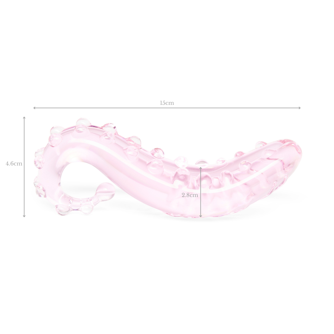 Pink Sacred Squirter. Glass Pleasure wand with ridges with dimensions/measurements labelled.