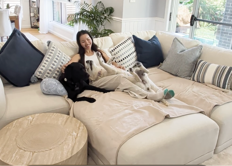 Woman and dog relaxing on a large sectional sofa in a bright living room.